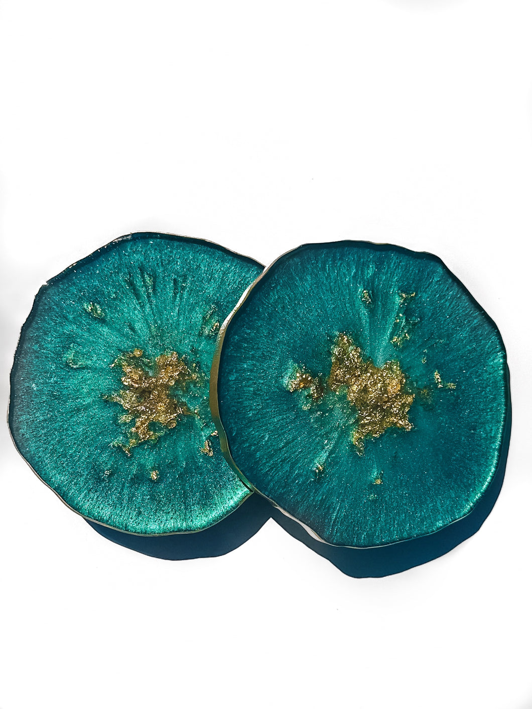 Set of Two Medium Turquoise Green & Gold Coasters